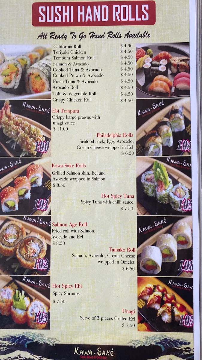 Menu, Kawa Sake Sushi Boat