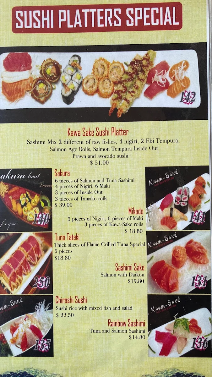 Menu, Kawa Sake Sushi Boat