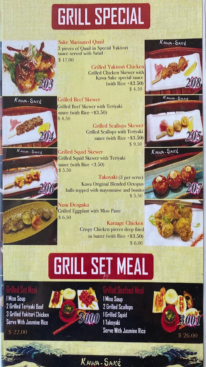 Menu, Kawa Sake Sushi Boat