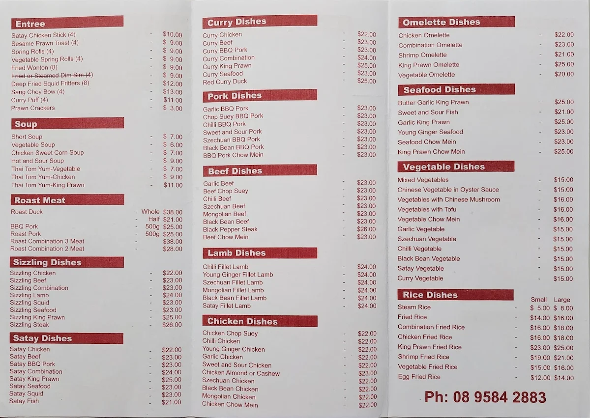 Menu, Kawloon Restaurant