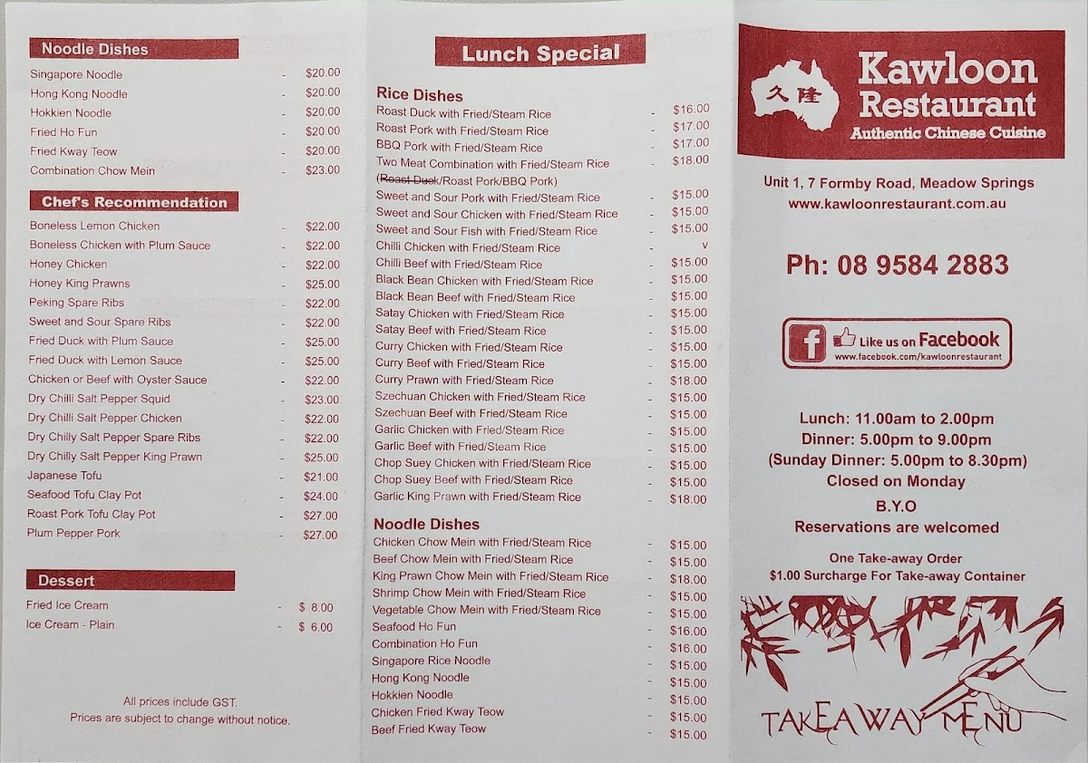 Menu, Kawloon Restaurant