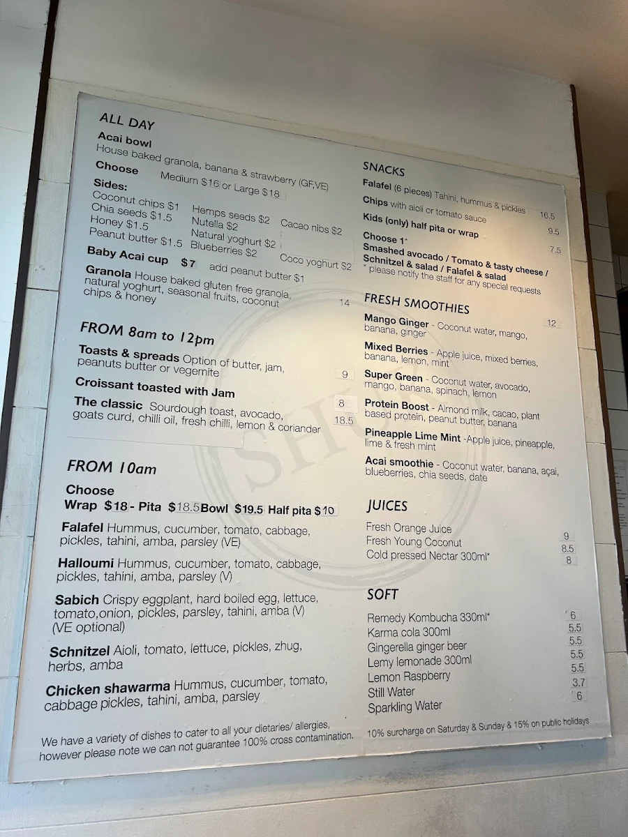 Menu, Shuk By The Beach