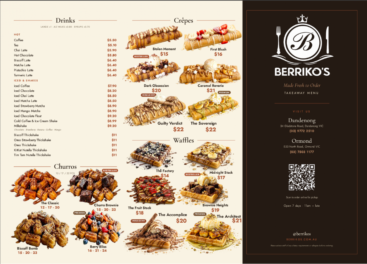 Menu, Berrikos Dandenong