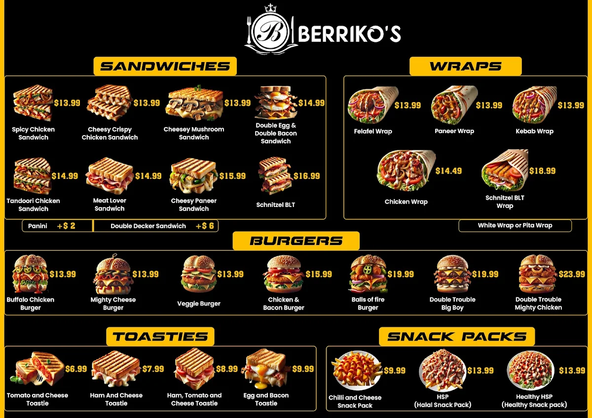 Menu, Berrikos Dandenong
