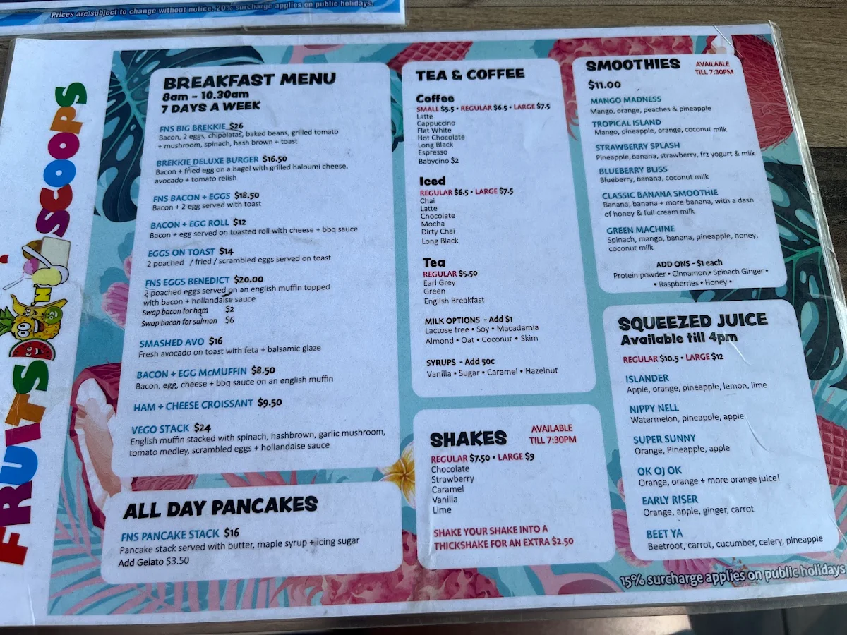 Menu, Fruits N Scoops Pancake House