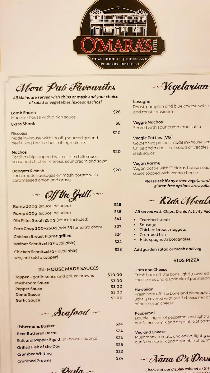 Menu, O’Mara’s Hotel