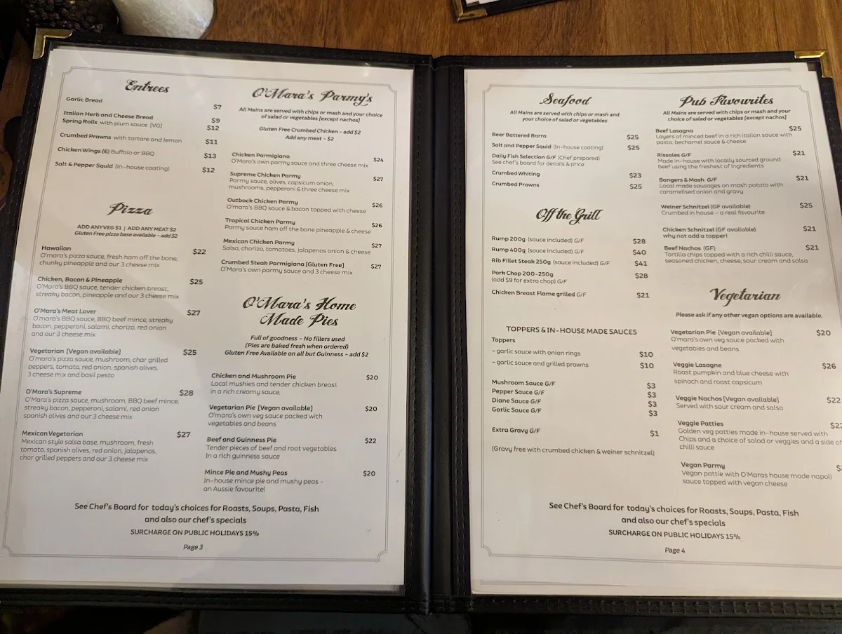 Menu, O’Mara’s Hotel