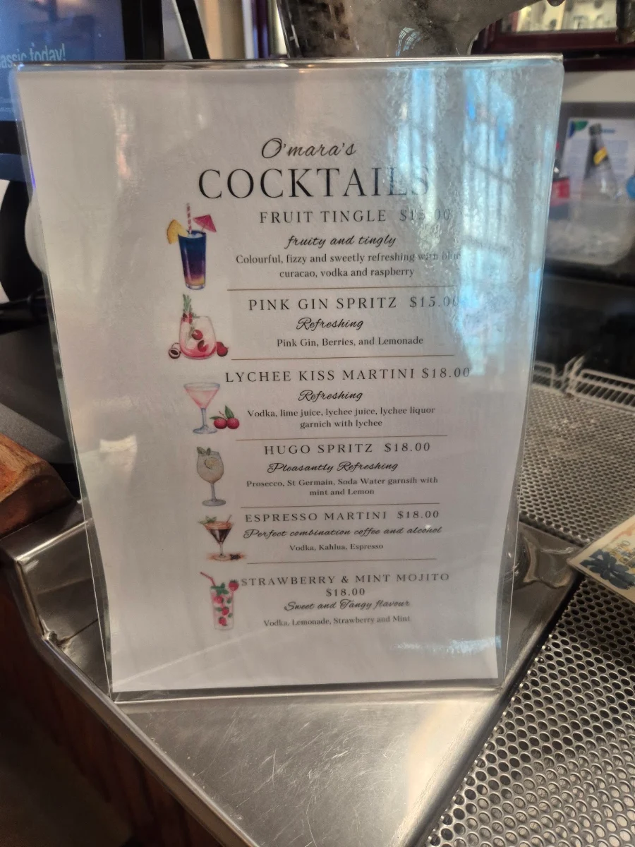 Menu, O’Mara’s Hotel