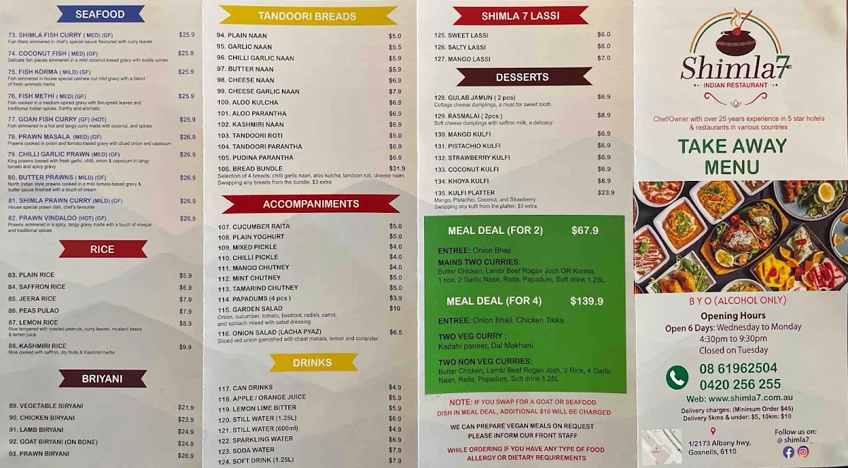 Menu, Shimla 7 Indian Restaurant
