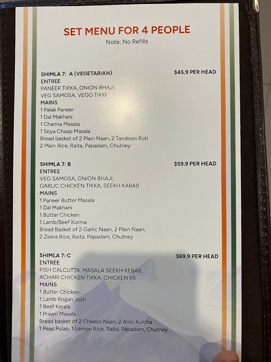 Menu, Shimla 7 Indian Restaurant