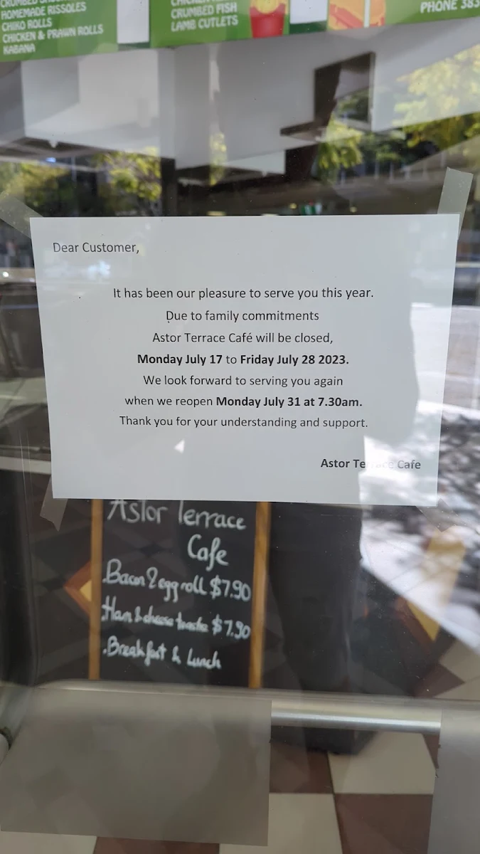Menu, Astor Terrace Cafe
