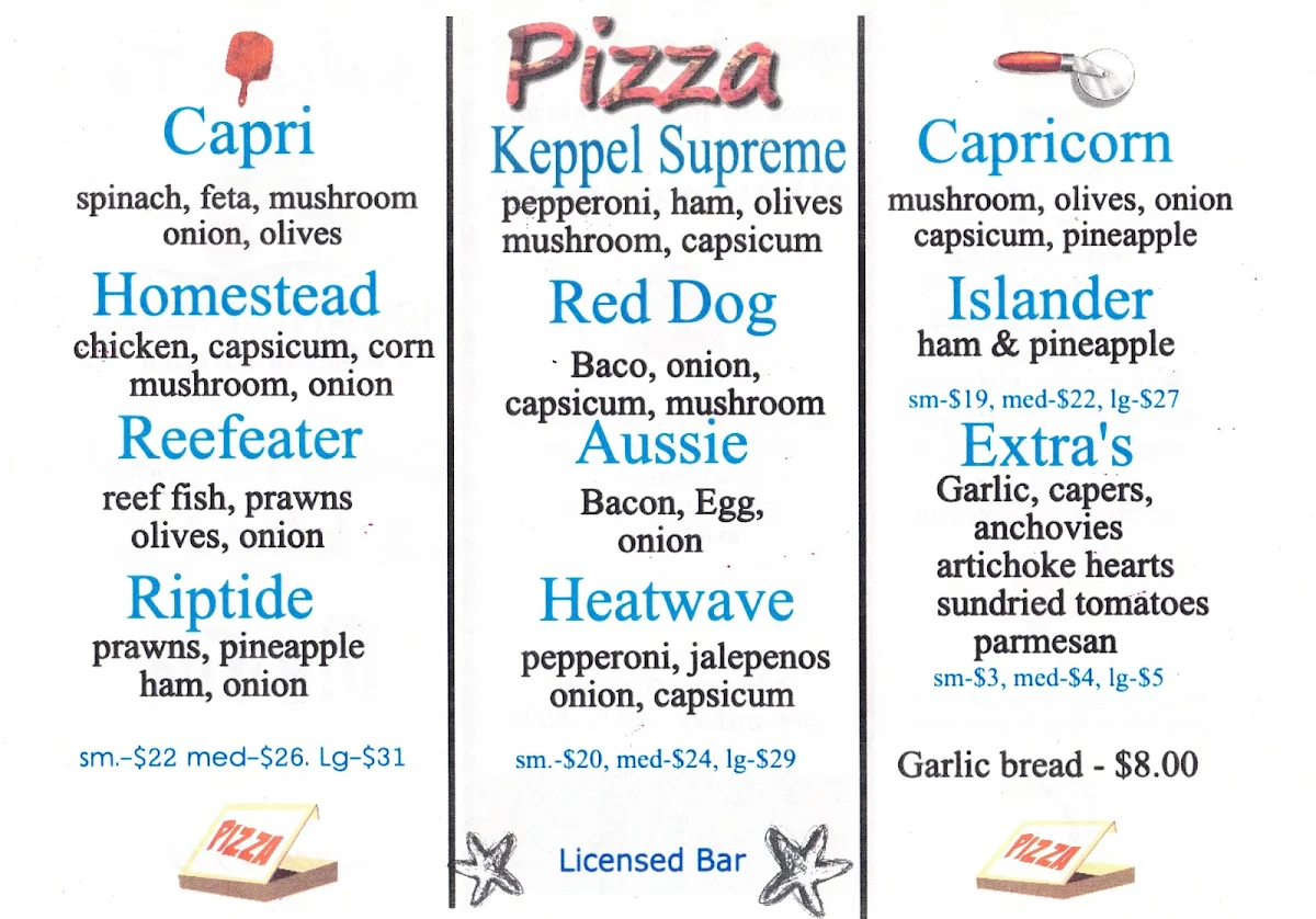Menu, Great Keppel Island Pizza