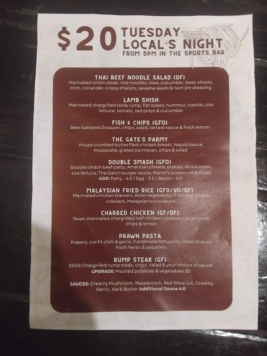 Menu, The Gate Bar and Bistro