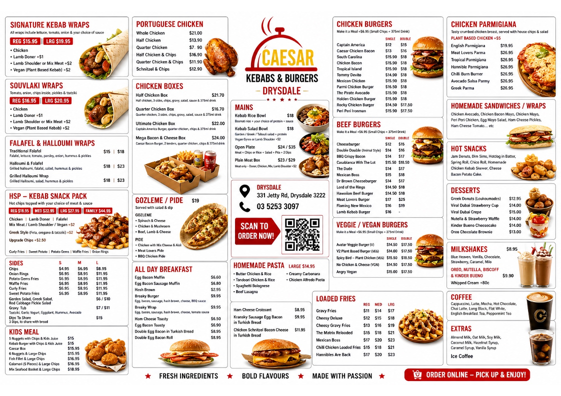 Menu, CAESAR KEBABS & BURGERS DRYSDALE