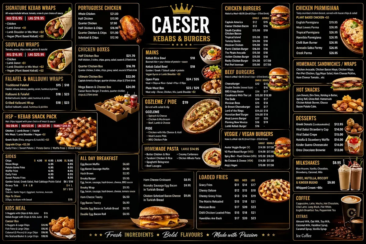 Menu, CAESAR KEBABS & BURGERS DRYSDALE