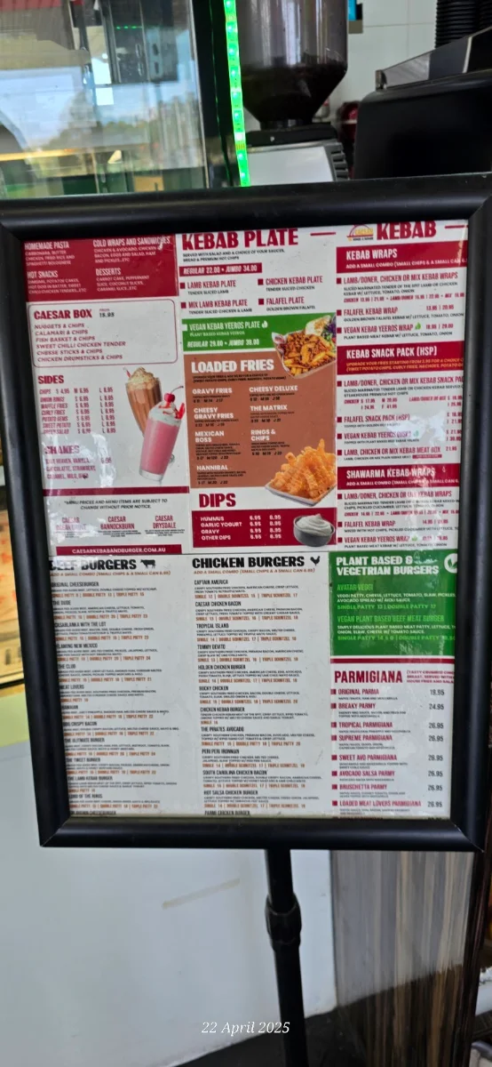 Menu, CAESAR KEBABS & BURGERS DRYSDALE