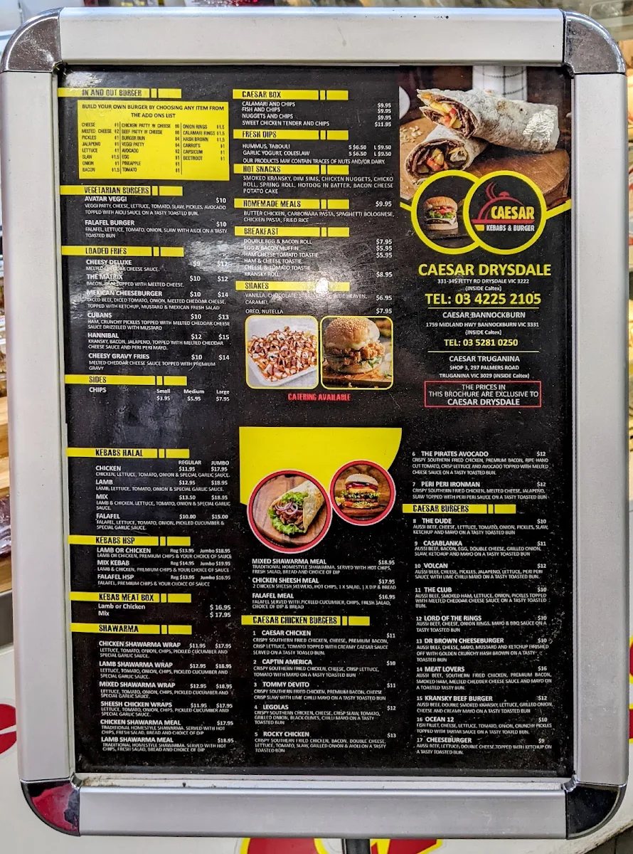 Menu, CAESAR KEBABS & BURGERS DRYSDALE