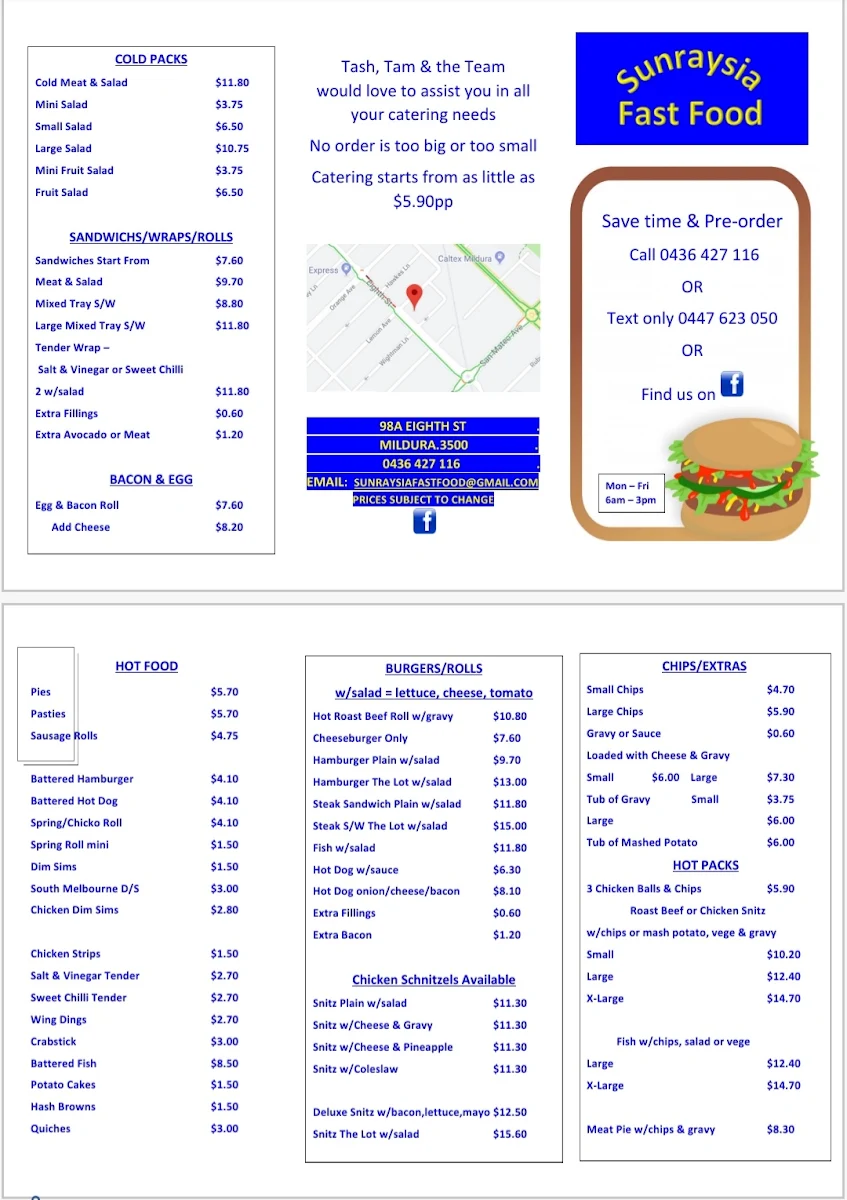 Menu, Sunraysia Fast Foods