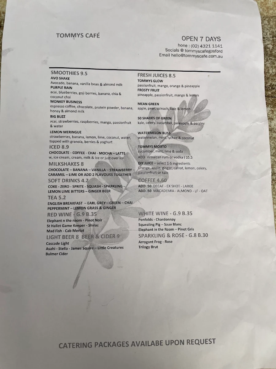 Menu, Tommy's Cafe