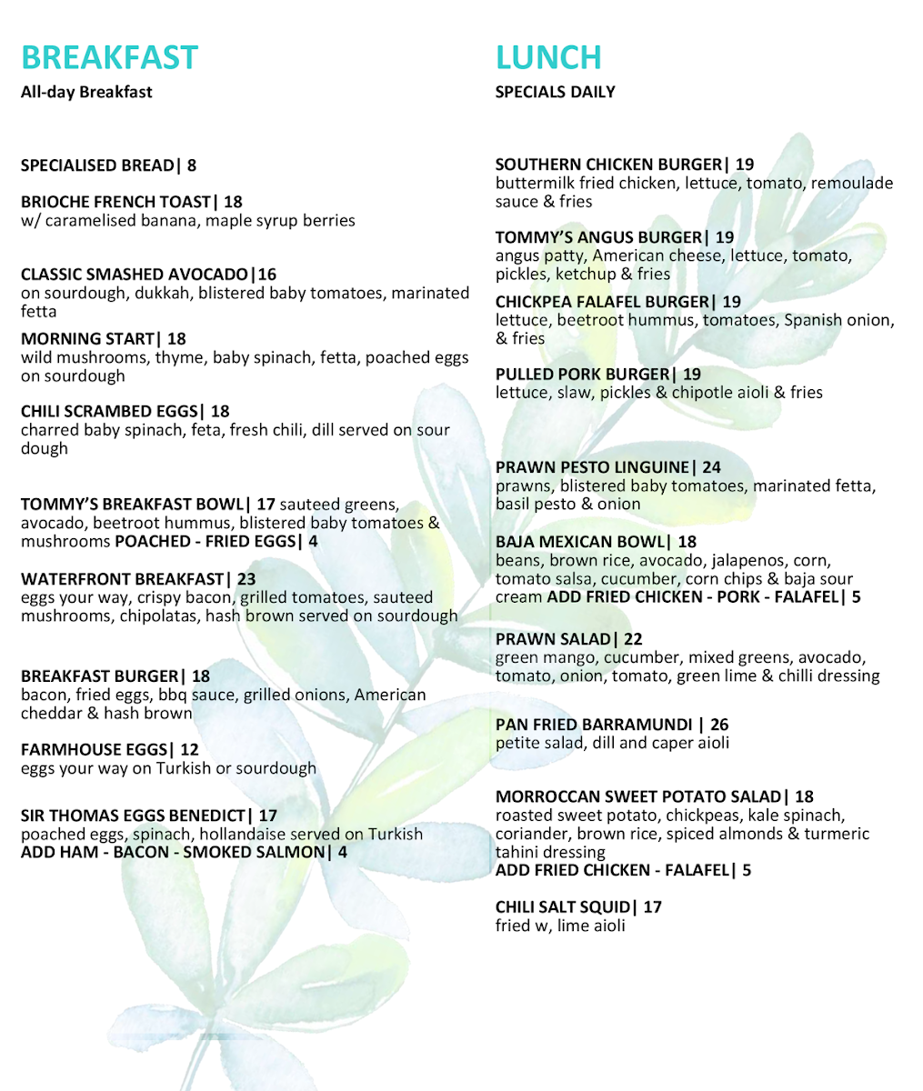 Menu, Tommy's Cafe