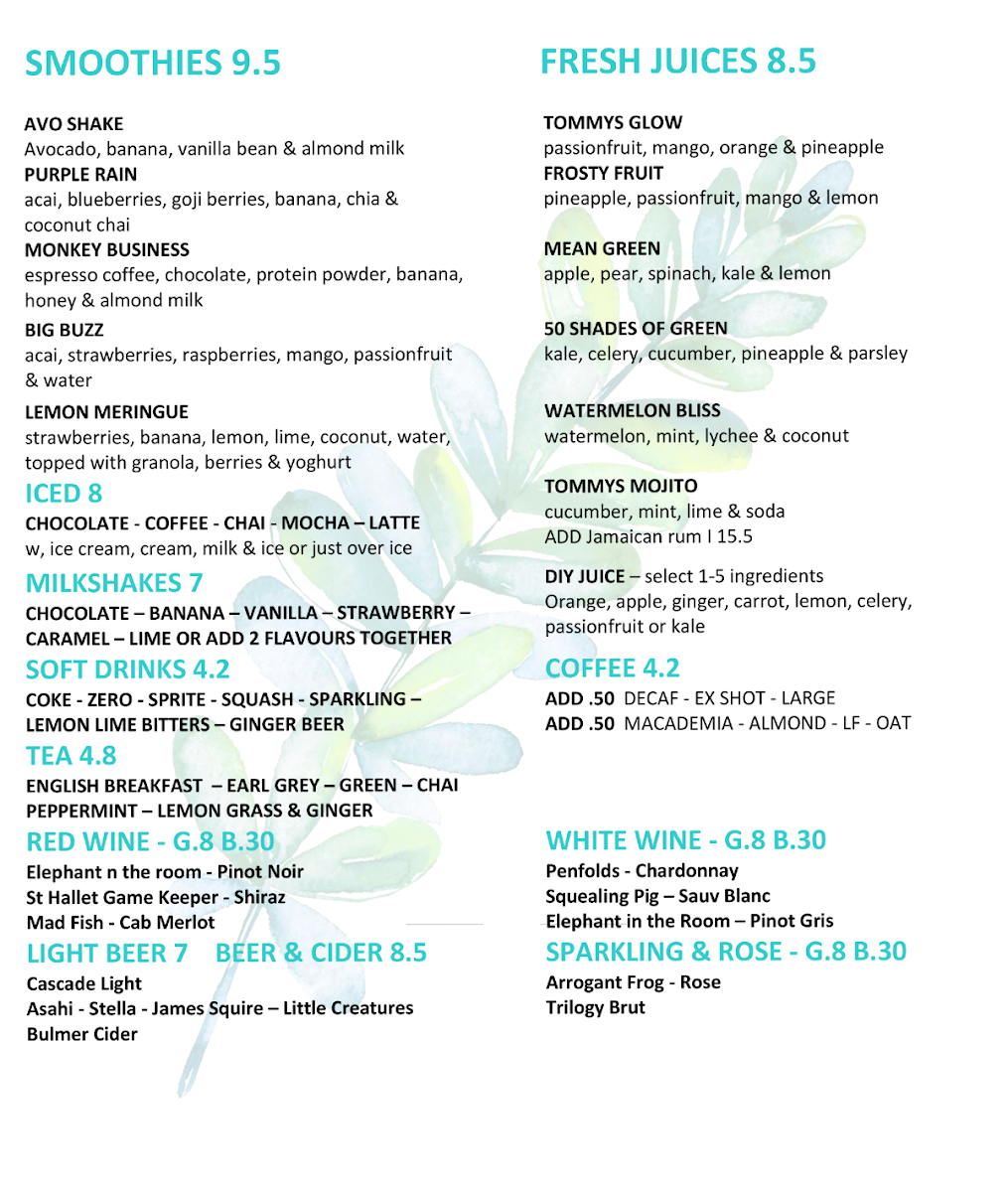 Menu, Tommy's Cafe