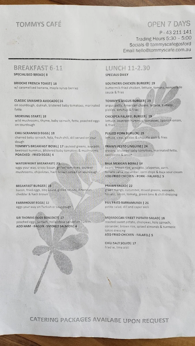 Menu, Tommy's Cafe