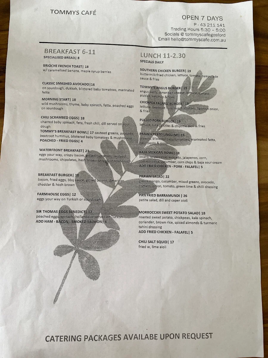 Menu, Tommy's Cafe