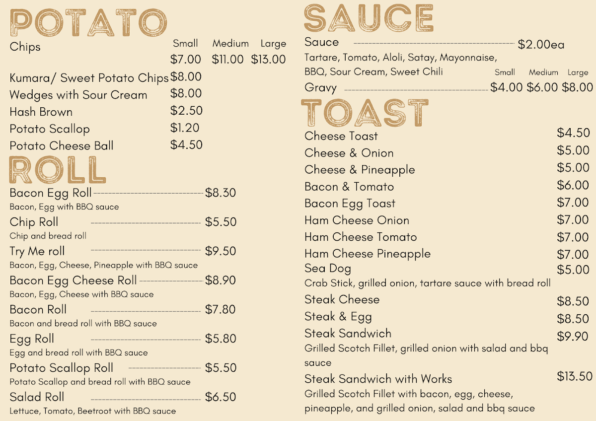 Menu, K&J Takeaway