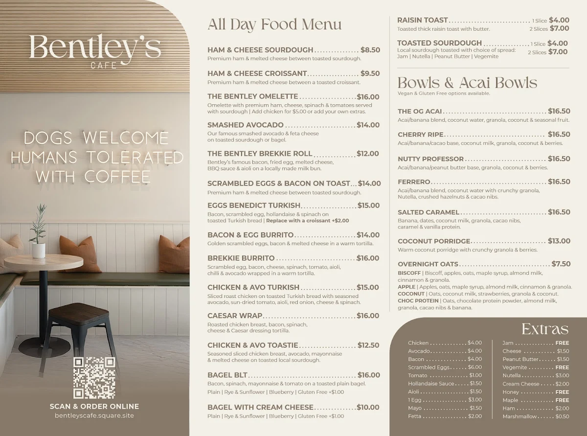 Menu, Bentley's Cafe