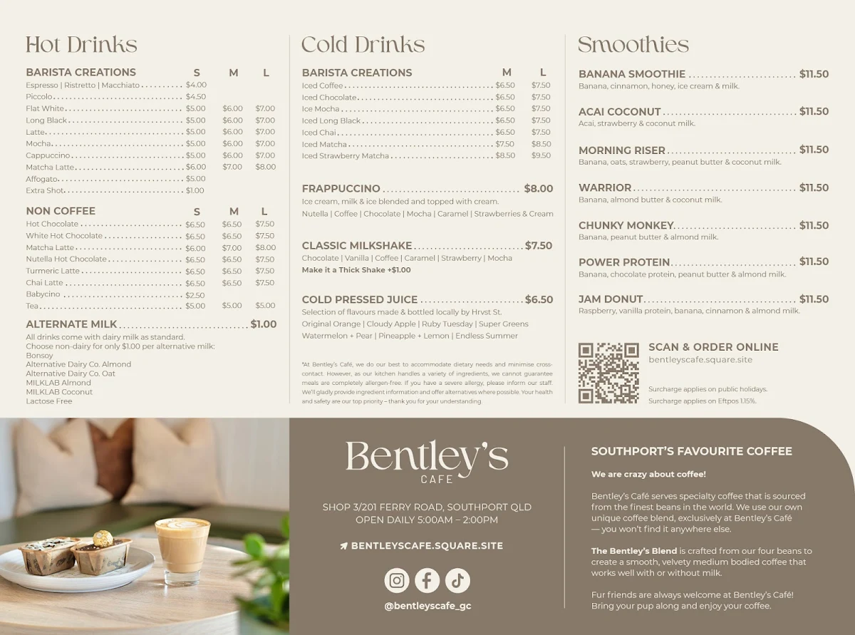 Menu, Bentley's Cafe