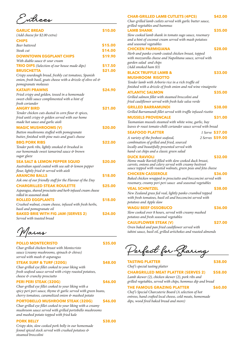 Menu, Downtown Pizzeria