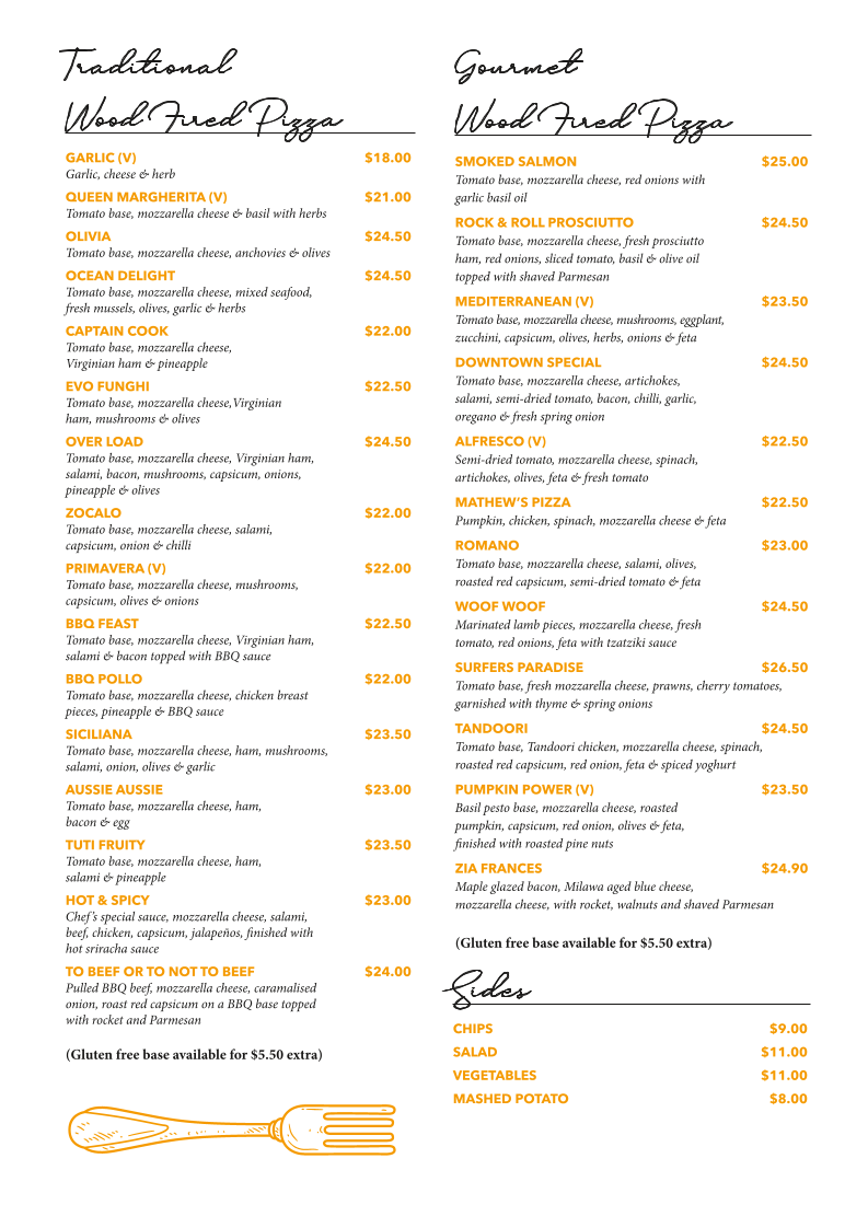 Menu, Downtown Pizzeria