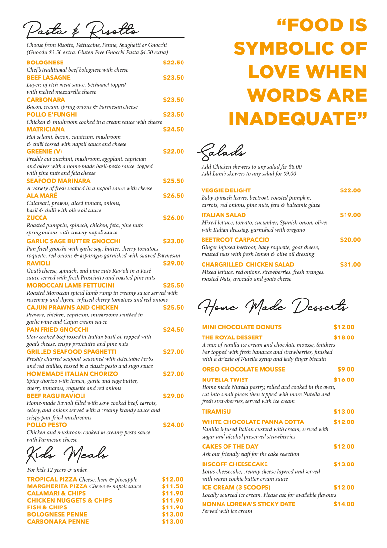 Menu, Downtown Pizzeria