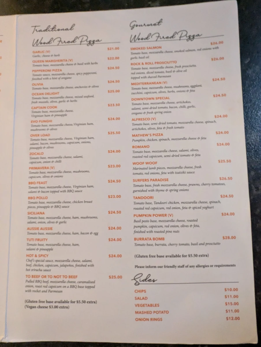 Menu, Downtown Pizzeria