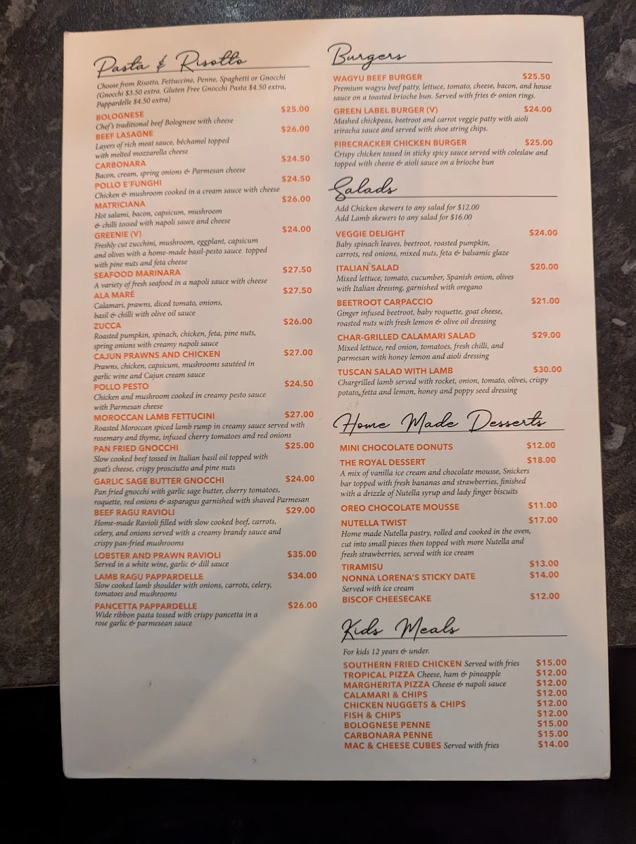 Menu, Downtown Pizzeria