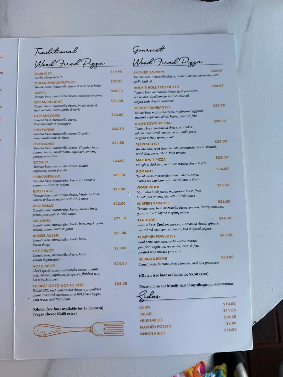 Menu, Downtown Pizzeria