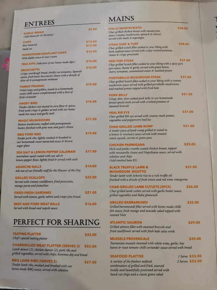 Menu, Downtown Pizzeria
