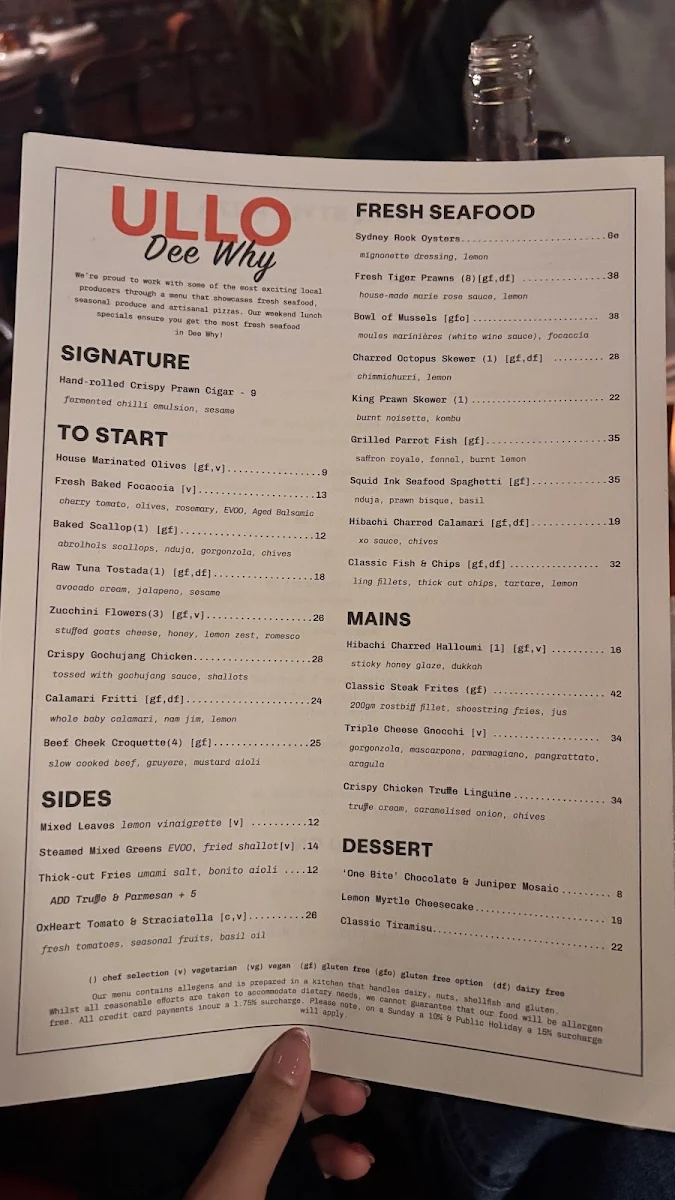 Menu, Ullo Dee Why