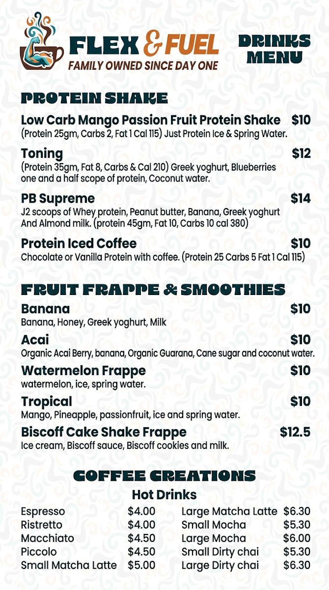 Menu, Flex and Fuel Cafe