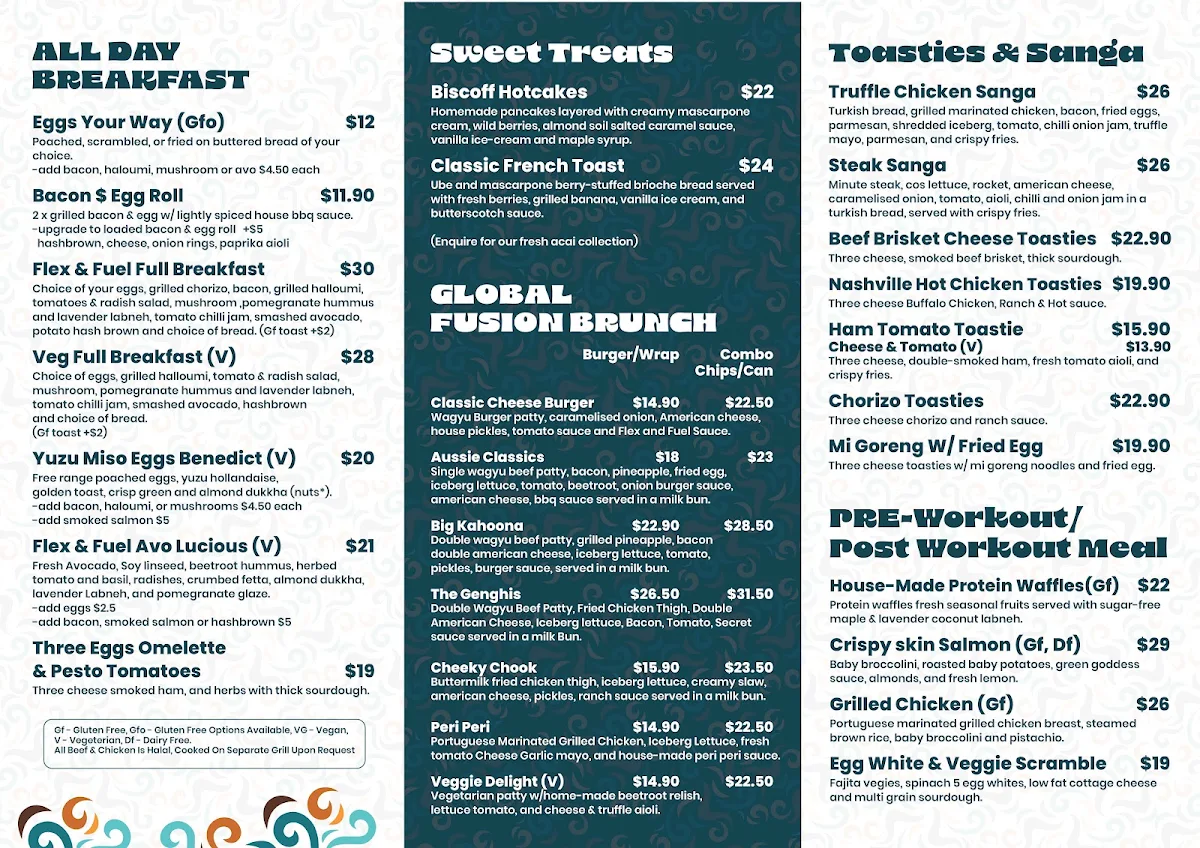 Menu, Flex and Fuel Cafe
