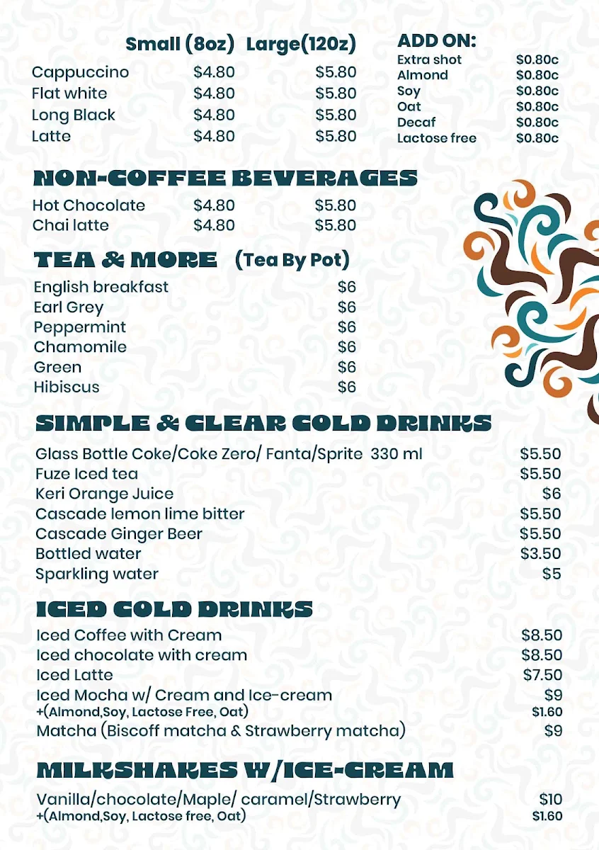 Menu, Flex and Fuel Cafe