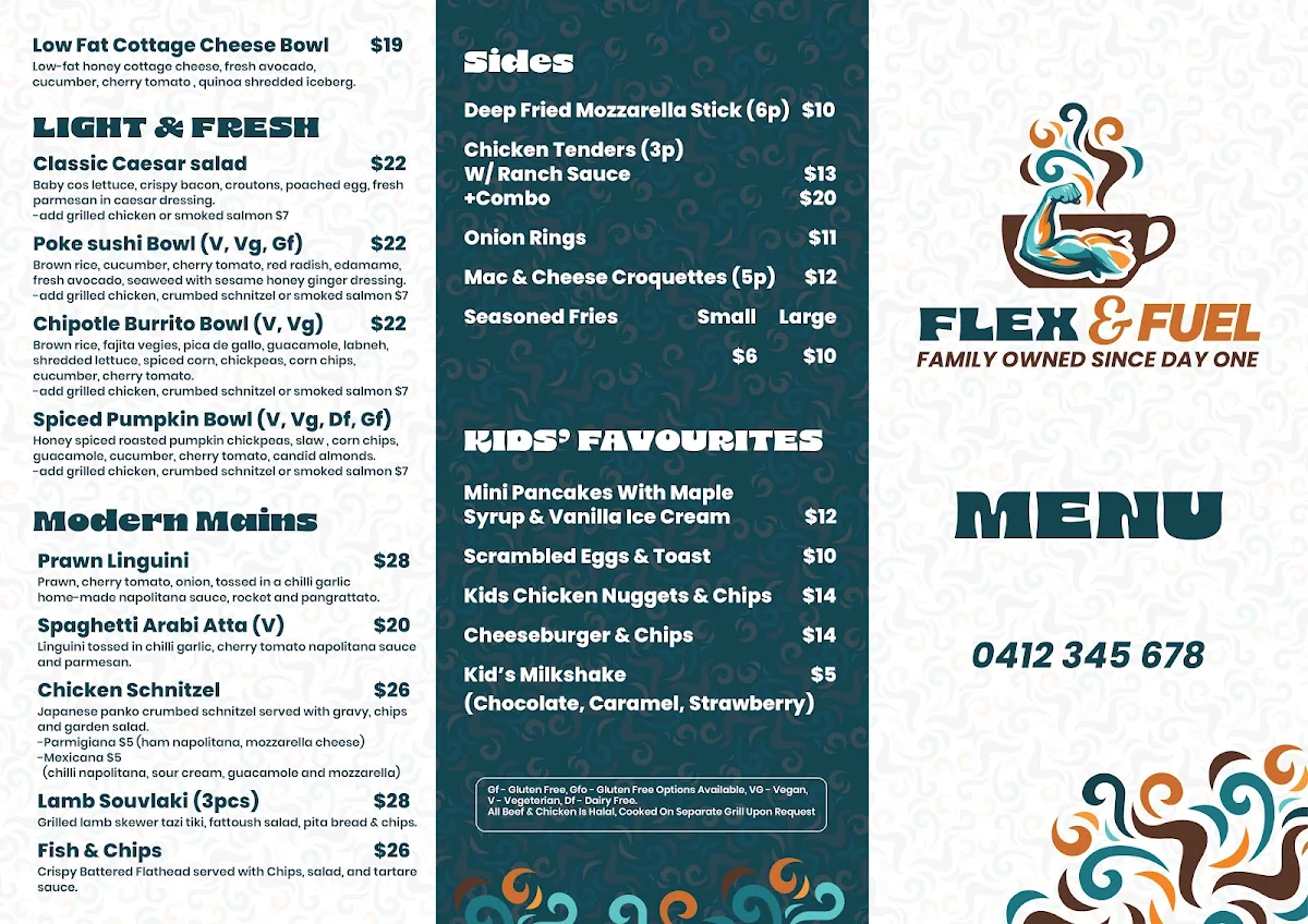Menu, Flex and Fuel Cafe