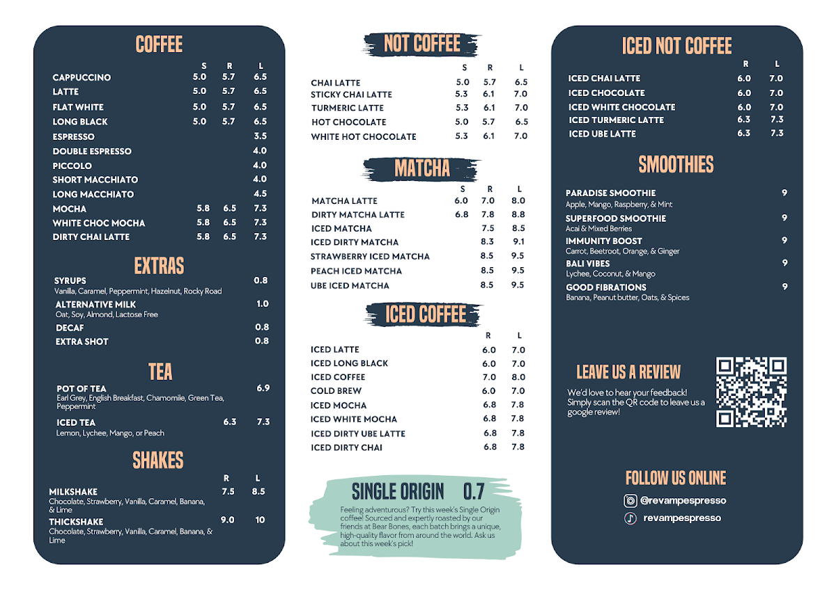 Menu, Revamp Espresso Bar