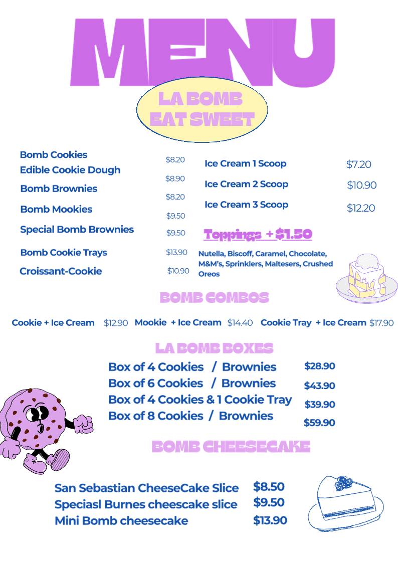 Menu, La Bomb Cookies & Gelato