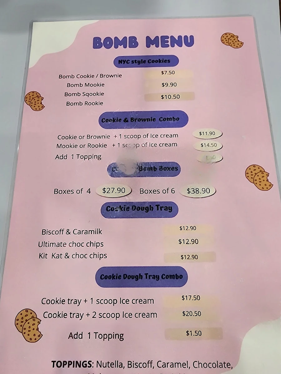 Menu, La Bomb Cookies & Gelato