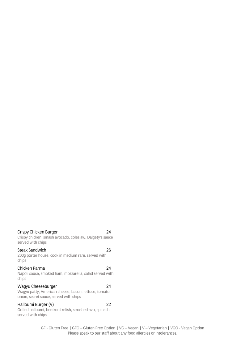 Menu, Dalgety's Cafe