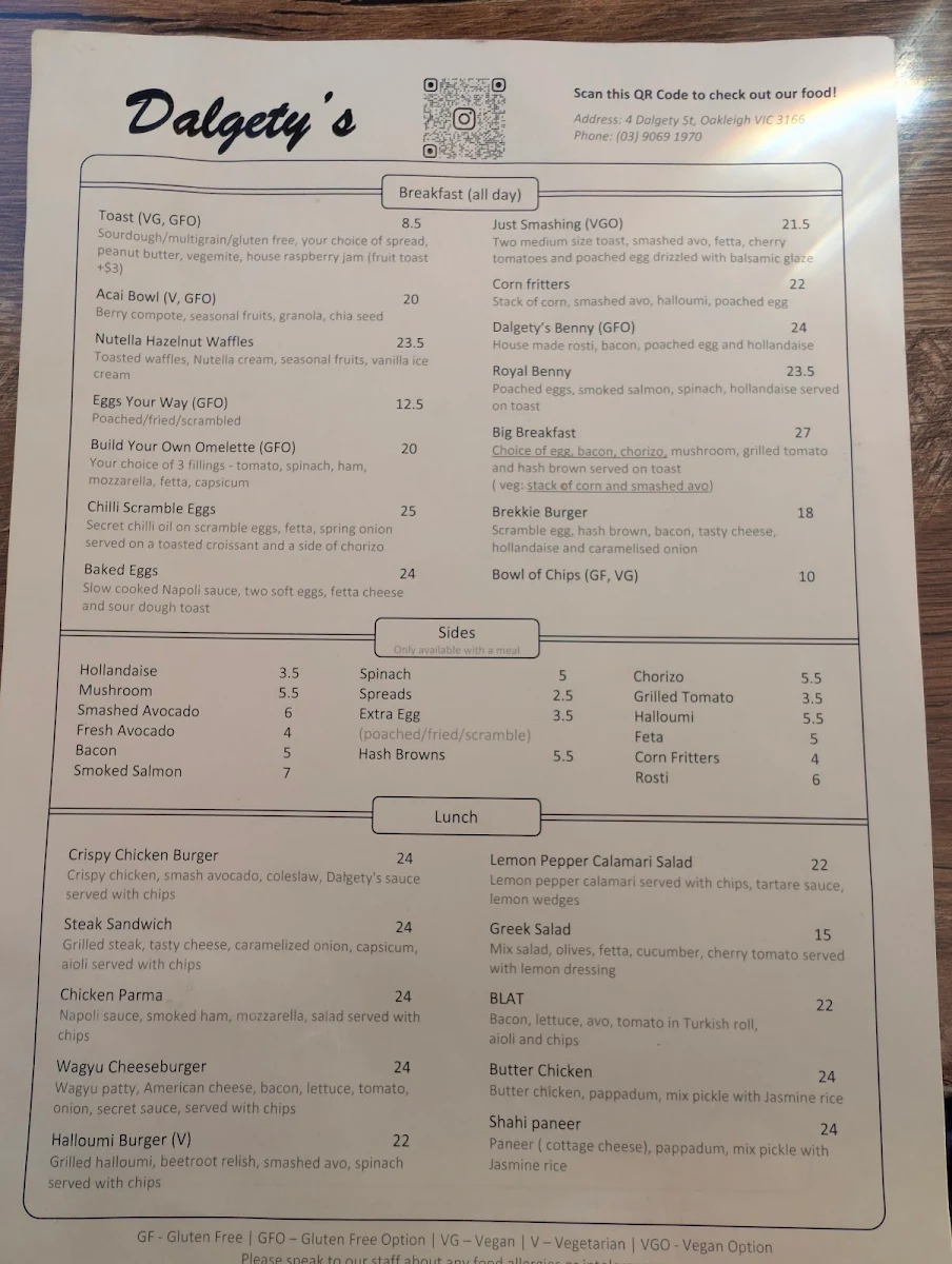 Menu, Dalgety's Cafe
