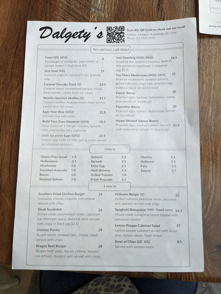 Menu, Dalgety's Cafe