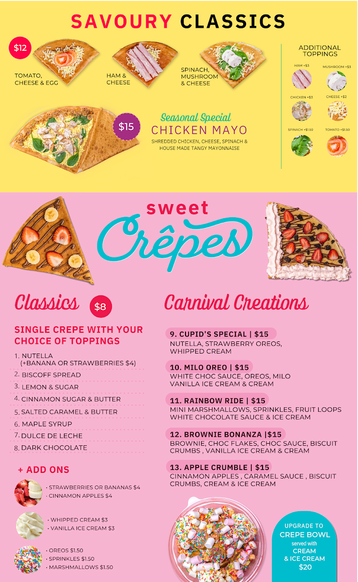 Menu, Carnival Crepes, Shakes and Caffeine