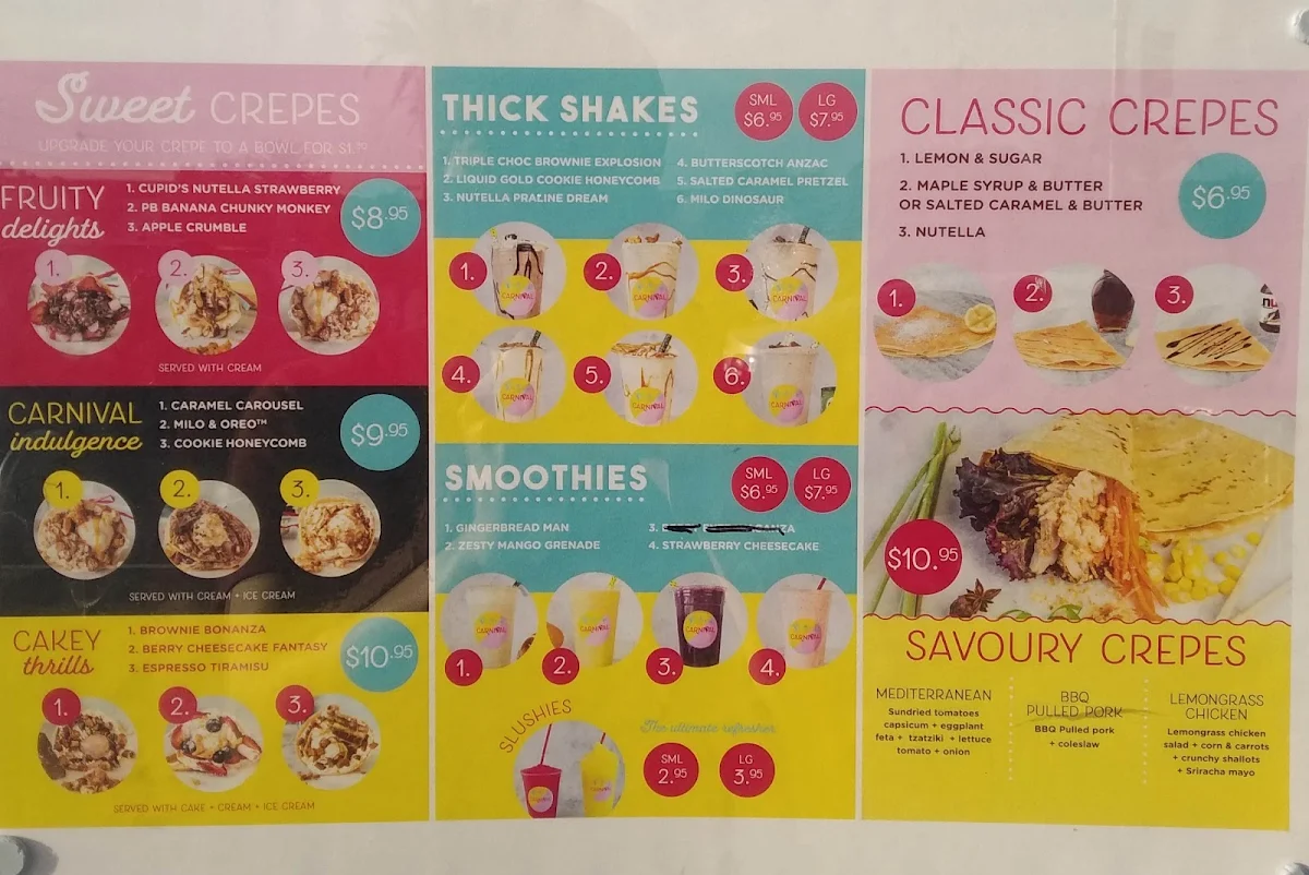 Menu, Carnival Crepes, Shakes and Caffeine